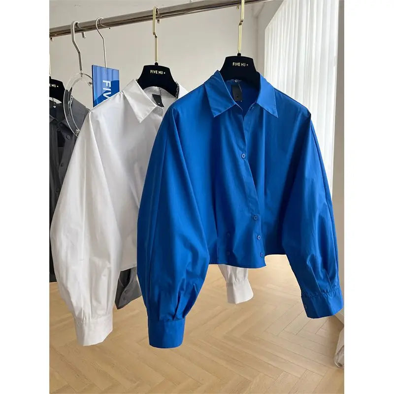Blauw Kort Shirt Dames Lange Mouwen Zomer Lente