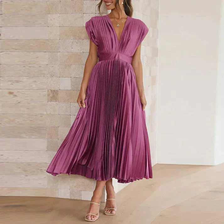 Zomerjurk voor Vrouw V-hals Plooirok Maxi Jurk