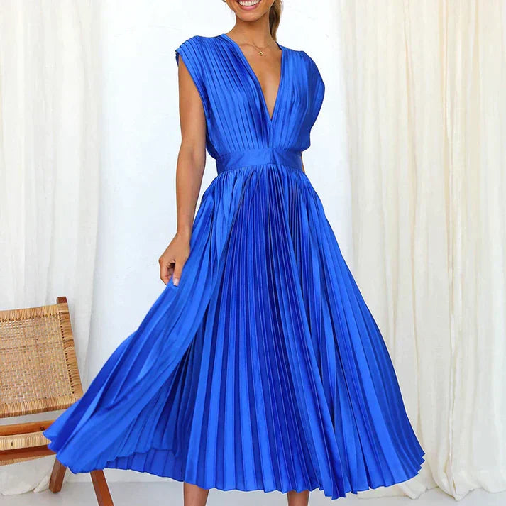Zomerjurk voor Vrouw V-hals Plooirok Maxi Jurk