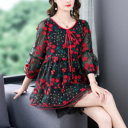 Vrouwen Top Mesh Bloemenprint Zomerse Jurk - StudioMarella