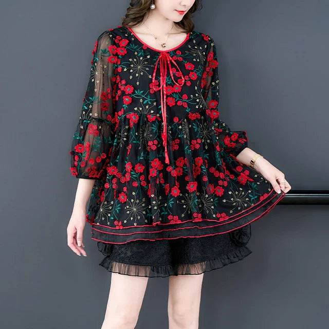 Vrouwen Top Mesh Bloemenprint Zomerse Jurk