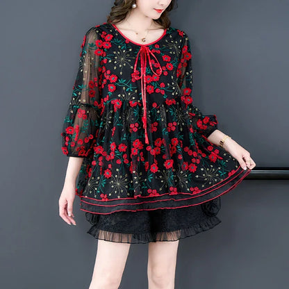 Vrouwen Top Mesh Bloemenprint Zomerse Jurk