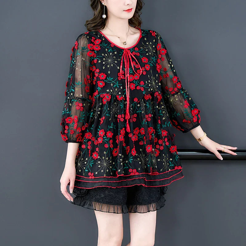Vrouwen Top Mesh Bloemenprint Zomerse Jurk