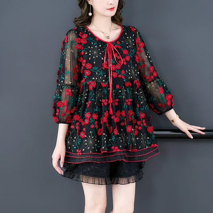 Vrouwen Top Mesh Bloemenprint Zomerse Jurk