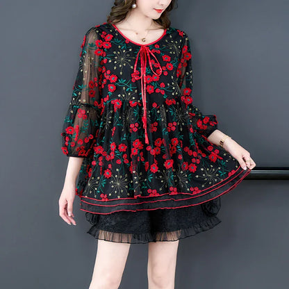 Vrouwen Top Mesh Bloemenprint Zomerse Jurk