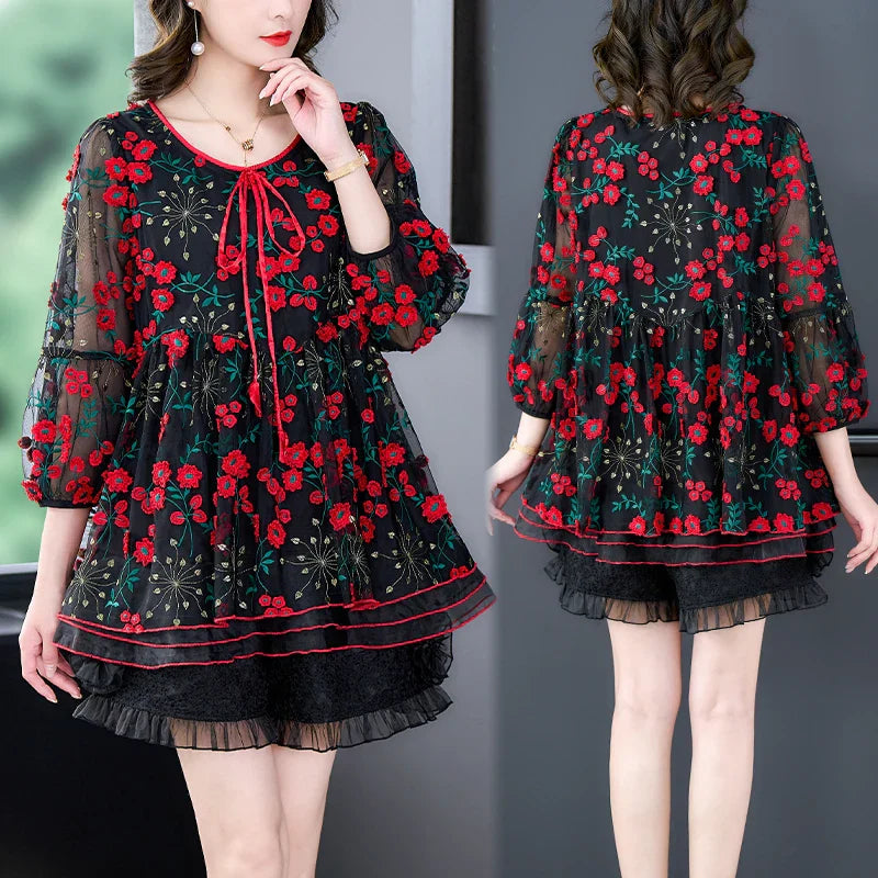 Vrouwen Top Mesh Bloemenprint Zomerse Jurk