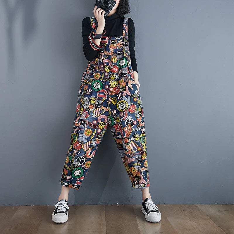 Dames Jumpsuit Cartoon Print Denim Speels en Stijlvol