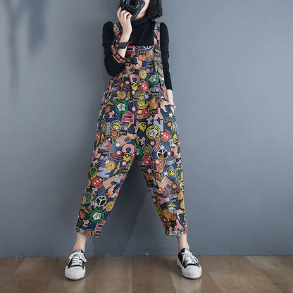 Dames Jumpsuit Cartoon Print Denim Speels en Stijlvol