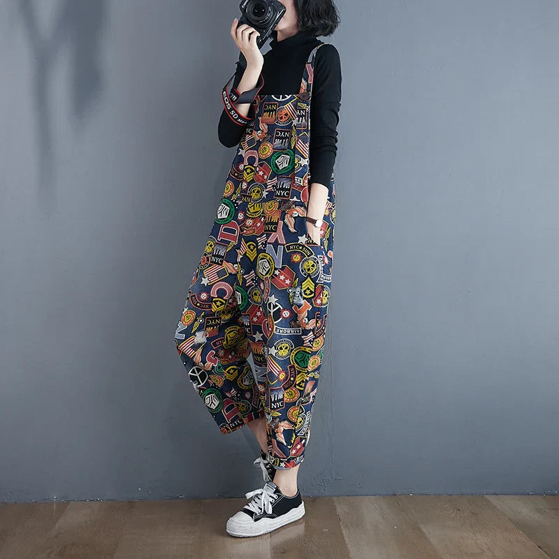 Dames Jumpsuit Cartoon Print Denim Speels en Stijlvol