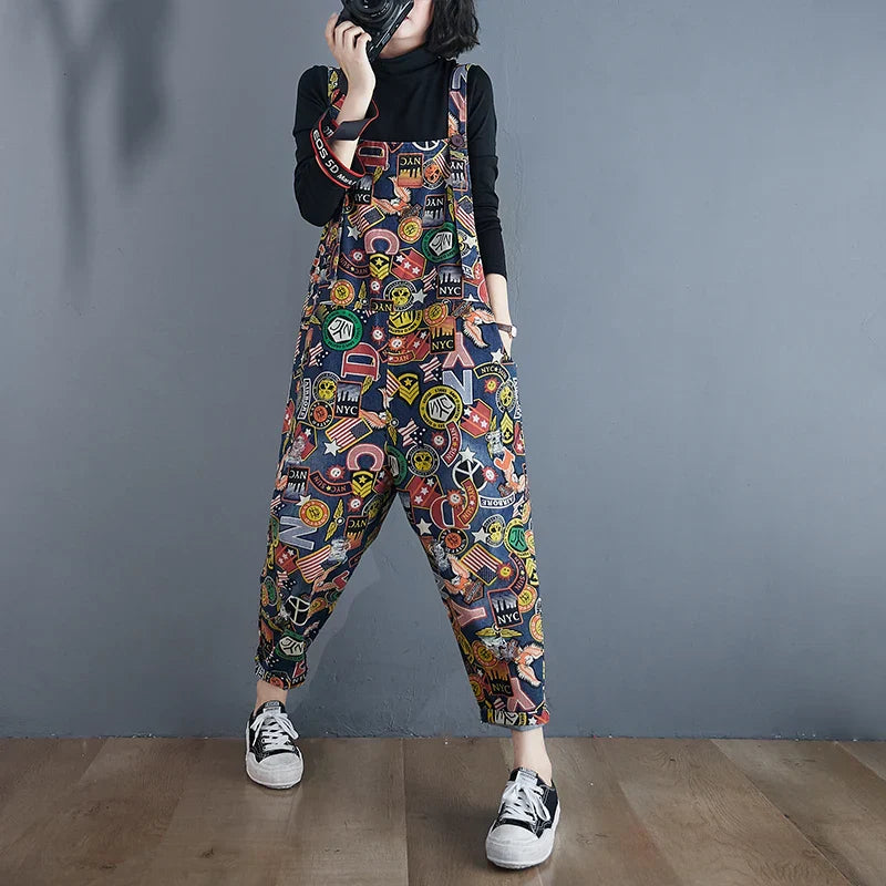 Dames Jumpsuit Cartoon Print Denim Speels en Stijlvol