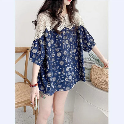 Vrouwen T-shirt Bloemenprint met Kant