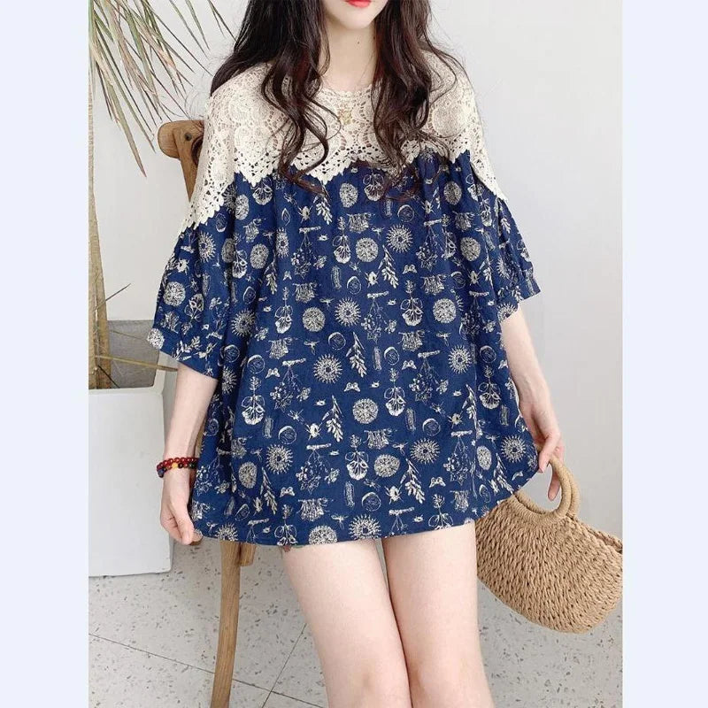 Vrouwen T-shirt Bloemenprint met Kant