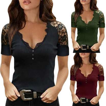 V-Hals Kanten T-Shirt voor Vrouw Elegante Zomer