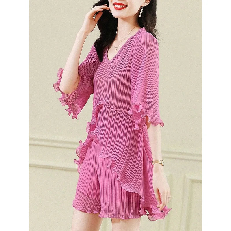 V-Hals Jurk Zomerse Mode Losse Effen Kleur