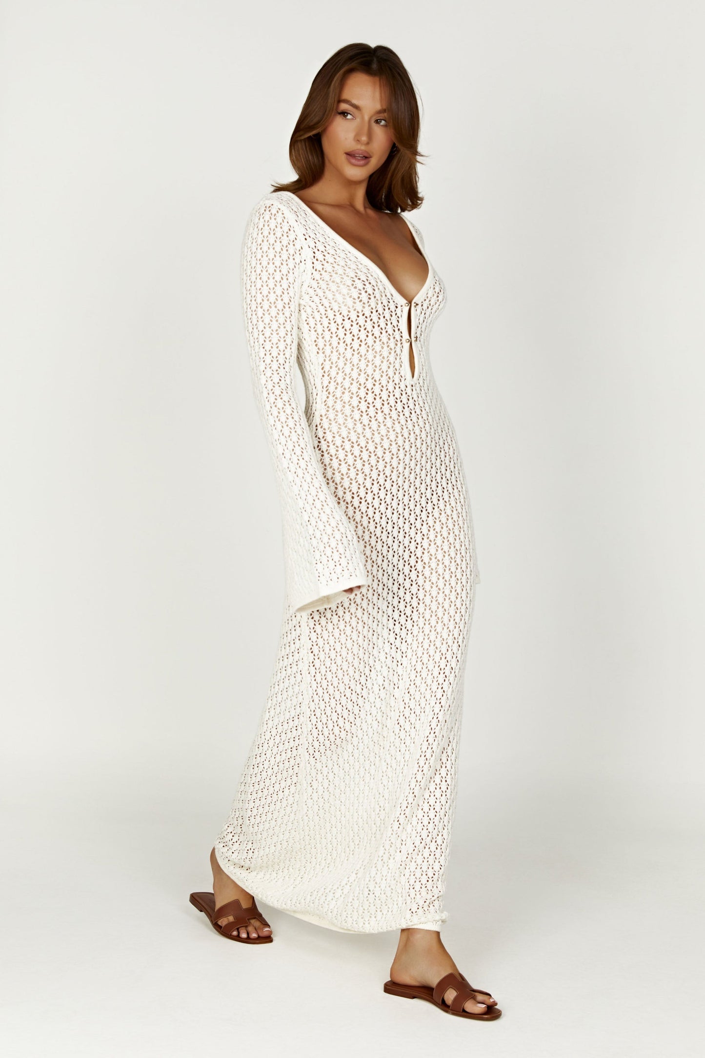 Lange Maxi Jurk met Haaklook en Diepe Halslijn