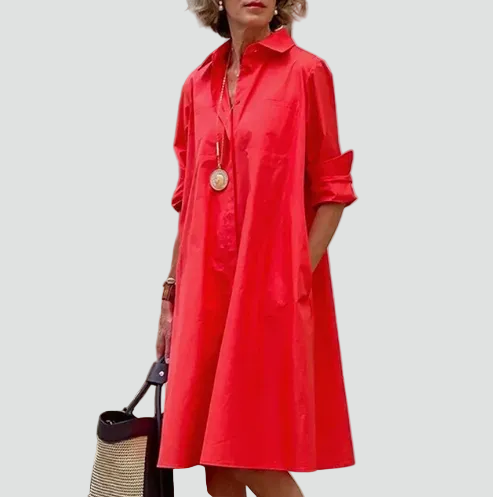 Midi Jurk voor Vrouwen met Overhemdkraag en Zijzakken - StudioMarella