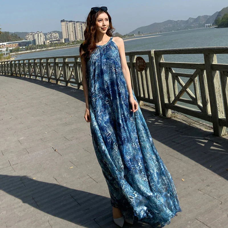 Luipaardprint Maxi Jurk met Sterrenhemel Print Vrouwelijk