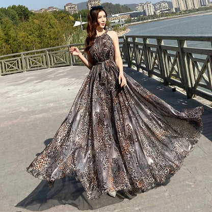 Luipaardprint Maxi Jurk met Sterrenhemel Print Vrouwelijk