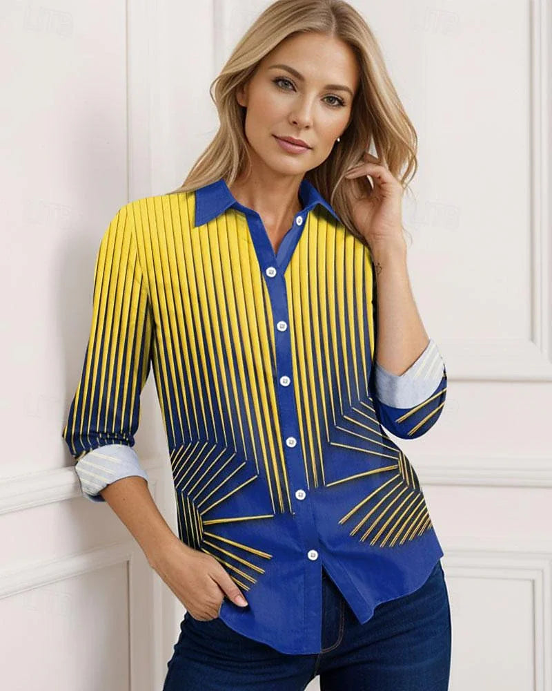 Gele Blouse met Blauwe Strepen Vrouwen Blouse Zomer