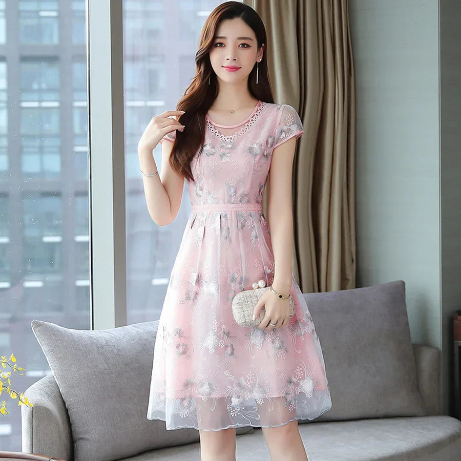 Roze Jurk Mini Mesh Bloemenrok Zomerjurk
