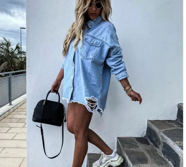 Ripped Denim Shirt Blauw Gescheurd Jeans Shirt