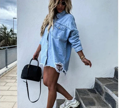Ripped Denim Shirt Blauw Gescheurd Jeans Shirt