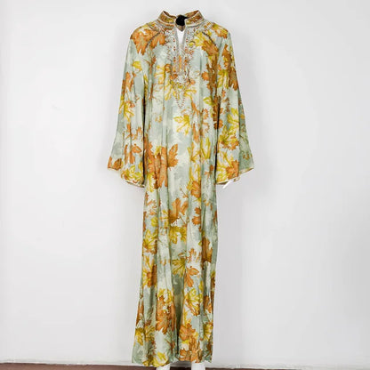 Lente Abaya V-Hals Geborduurde Lange Mouw Modisch