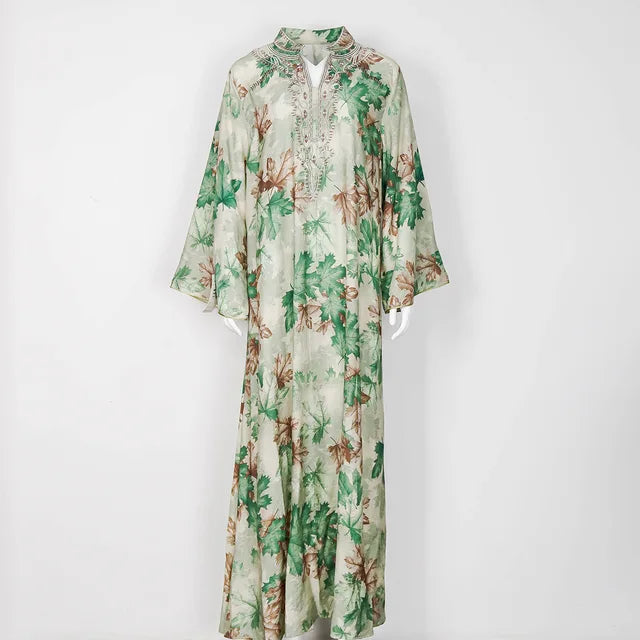 Lente Abaya V-Hals Geborduurde Lange Mouw Modisch