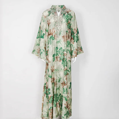 Lente Abaya V-Hals Geborduurde Lange Mouw Modisch