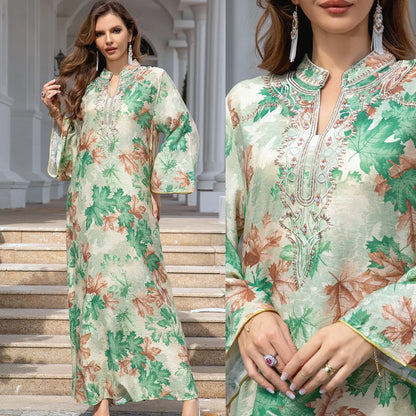 Lente Abaya V-Hals Geborduurde Lange Mouw Modisch