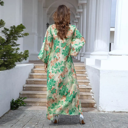 Lente Abaya V-Hals Geborduurde Lange Mouw Modisch
