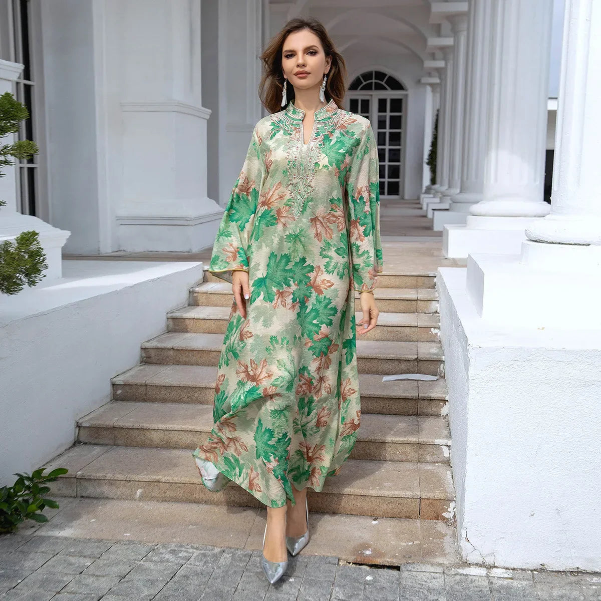 Lente Abaya V-Hals Geborduurde Lange Mouw Modisch