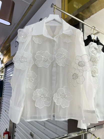 Vrouwelijke Blouse met Mesh en Glitter Pailletten