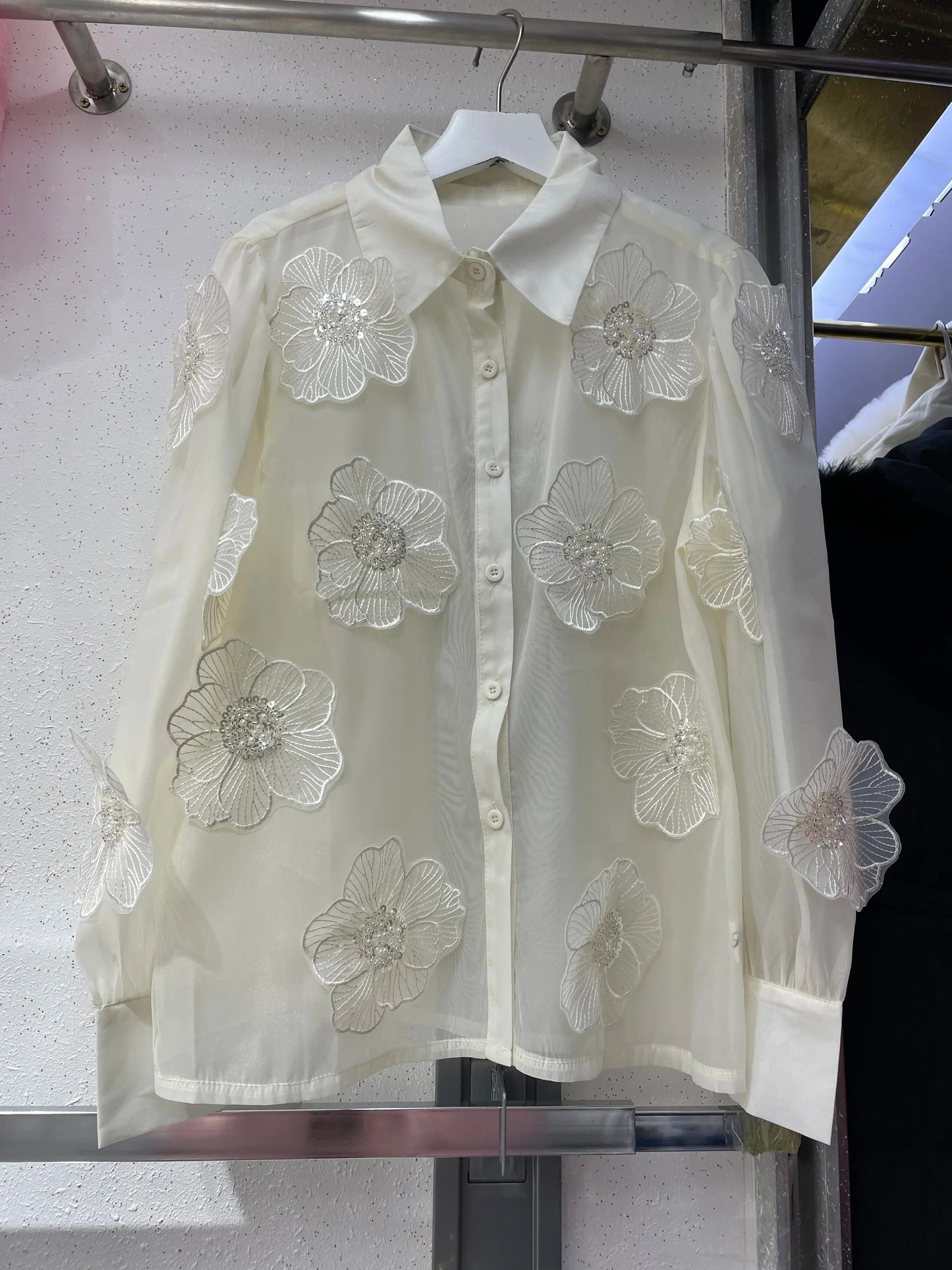 Vrouwelijke Blouse met Mesh en Glitter Pailletten