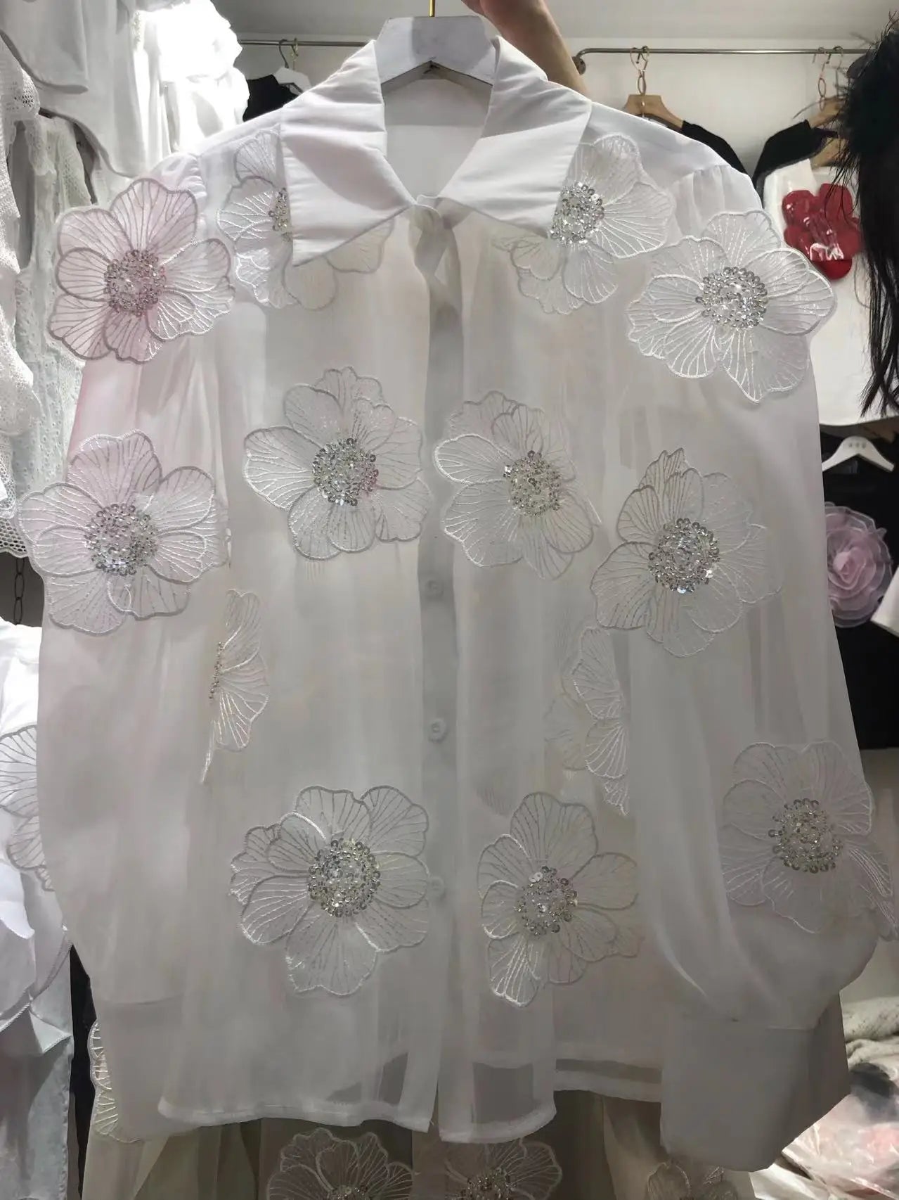 Vrouwelijke Blouse met Mesh en Glitter Pailletten