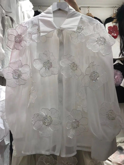 Vrouwelijke Blouse met Mesh en Glitter Pailletten