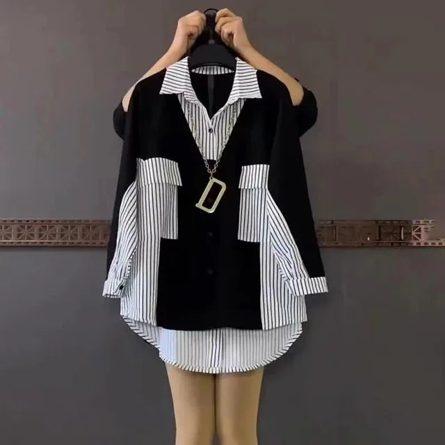 Vrouwelijke Gestreepte Blouse met Patchwork Ontwerp - StudioMarella