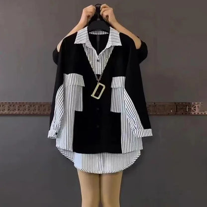 Vrouwelijke Gestreepte Blouse met Patchwork Ontwerp - StudioMarella