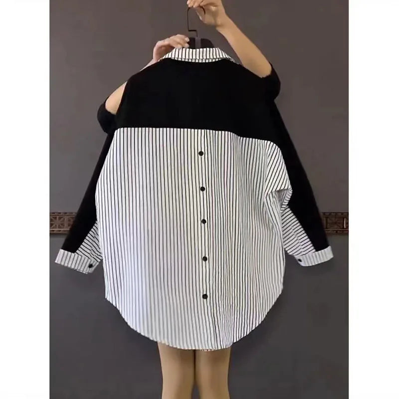Vrouwelijke Gestreepte Blouse met Patchwork Ontwerp