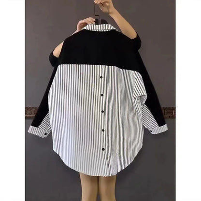 Vrouwelijke Gestreepte Blouse met Patchwork Ontwerp