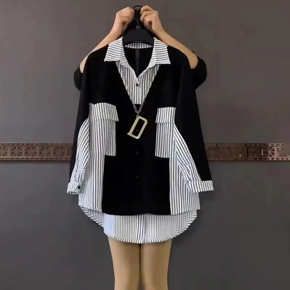 Vrouwelijke Gestreepte Blouse met Patchwork Ontwerp