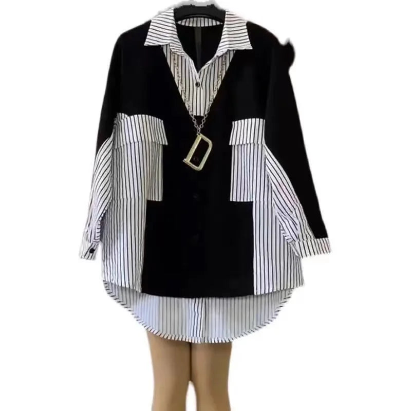 Vrouwelijke Gestreepte Blouse met Patchwork Ontwerp