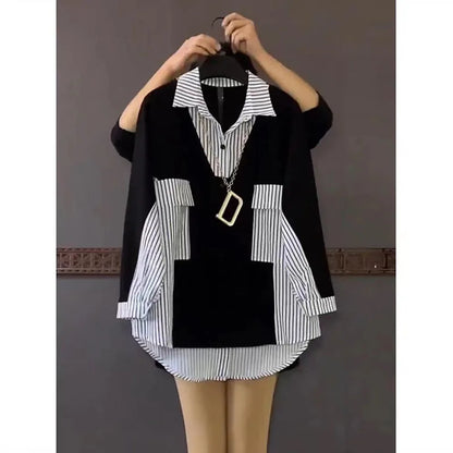 Vrouwelijke Gestreepte Blouse met Patchwork Ontwerp
