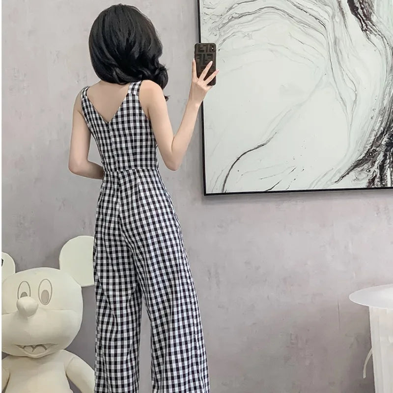 Geruite Jumpsuit met Taille Zomerse Zonsopgang Stijl