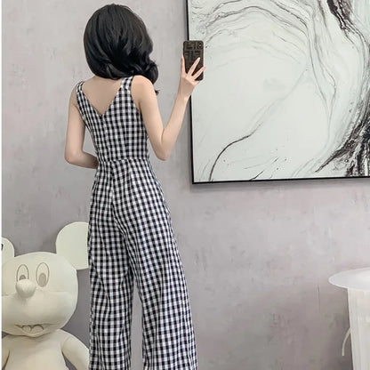 Geruite Jumpsuit met Taille Zomerse Zonsopgang Stijl