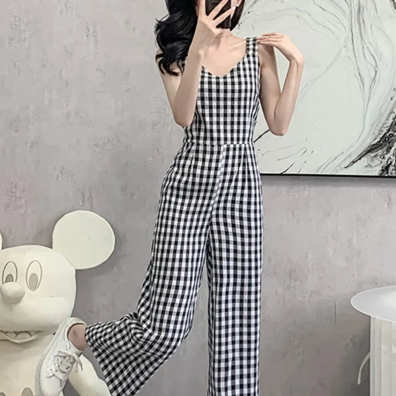 Geruite Jumpsuit met Taille Zomerse Zonsopgang Stijl