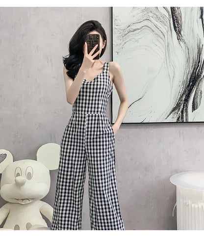 Geruite Jumpsuit met Taille Zomerse Zonsopgang Stijl