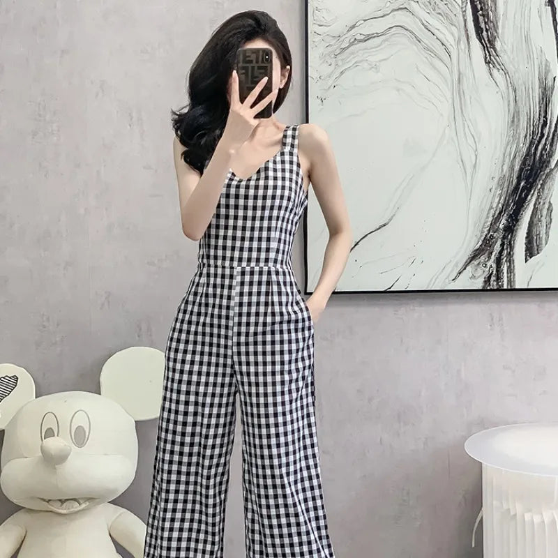 Geruite Jumpsuit met Taille Zomerse Zonsopgang Stijl - StudioMarella
