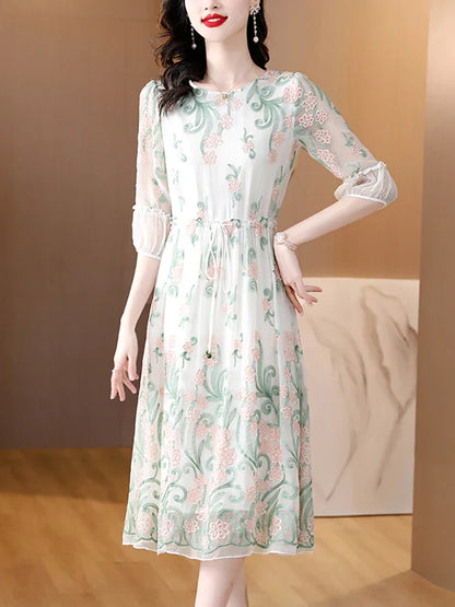 Lange Avondjurk van Zijde met Bloemenprint Elegante Stijl
