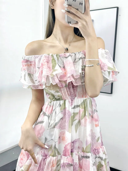 Bloemenjurk Zomerse Chiffon Ruches Jurk voor Vrouw